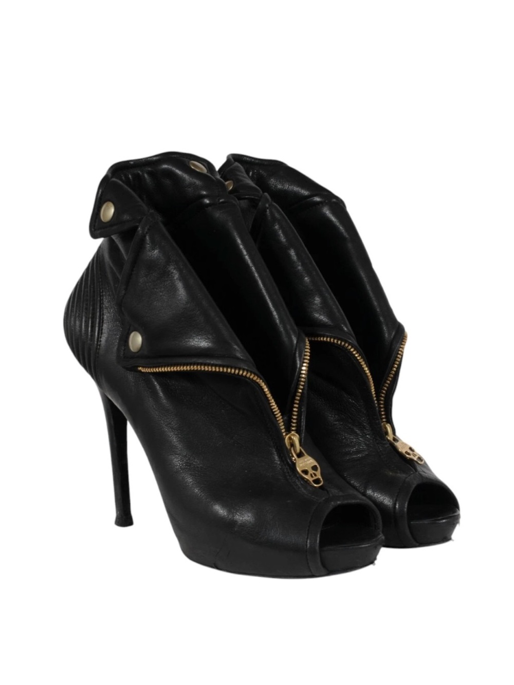 Vintage Alexander McQueen Black Leather Peep-Toe Zip Fold-Over Stiletto Boots